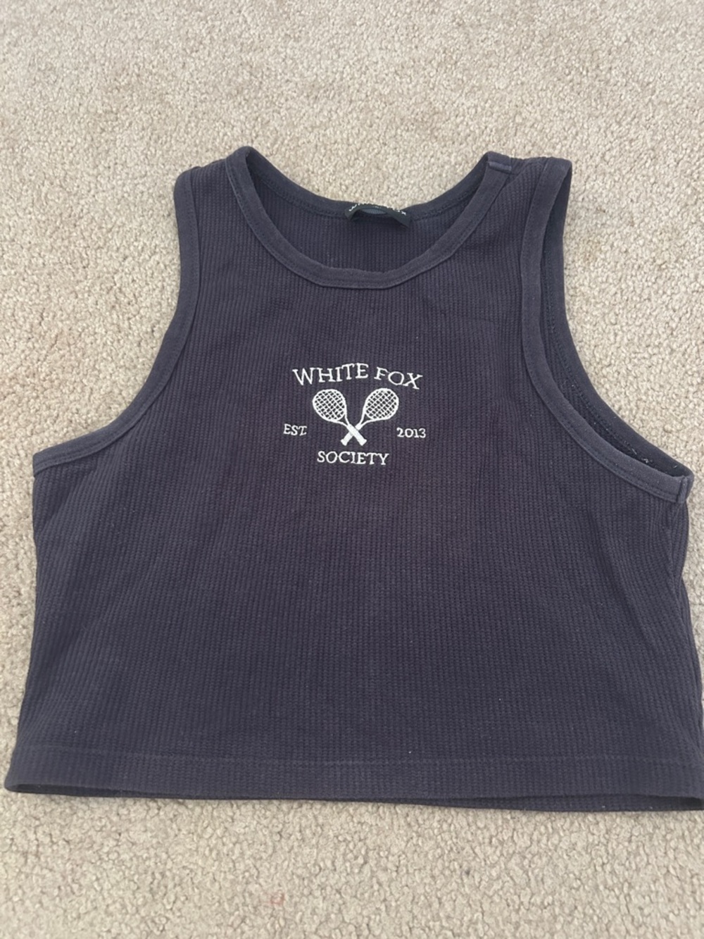 White Fox Boutique Navy Ribbed Cropped Tank with Tennis Graphic